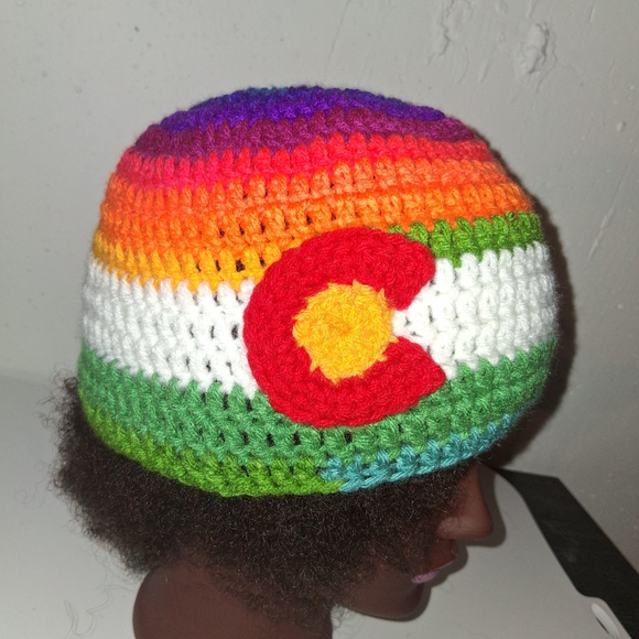 Colorful Crochet Beanie with Red C Logo